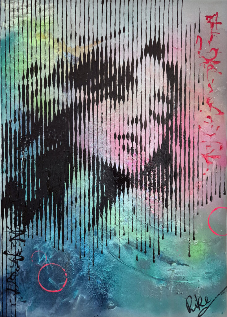 Acrylgemälde „Träumende Tropfen“ von Rike Wölke: vertikale schwarze Tropflinien auf pastellfarbenem Türkis-Mint-Rosa-Hintergrund formen aus der Distanz das Gesicht einer träumenden jungen Frau.
