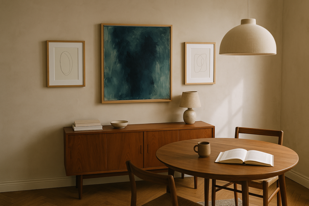Fokuswand mit Kunst-Original als Leitwerk, flankiert von zwei Kunst-Editionen über einem Sideboard – weiches Tageslicht, warme Wohnatmosphäre.