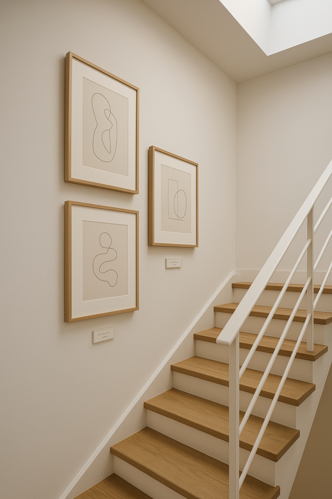 Treppenaufgang mit drei gerahmten Kunst-Editionen (Triptychon) an heller Wand – natürliches Oberlicht, Holzstufen, serielle Hängung mit ruhigem Rhythmus.