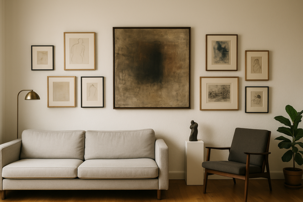 Salonhängung im Wohnraum: zentriertes Kunst-Original als Ruhepol, umgeben von mehreren kleineren Kunst-Editionen über einem Sofa – warme, natürliche Lichtstimmung.
