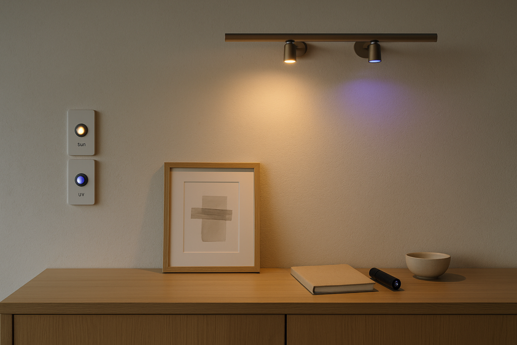 A minimalist sideboard with two switches (sun/UV), a spotlight track in warm and UV light, a framed print, a notebook and a UV flashlight – quiet everyday practice.