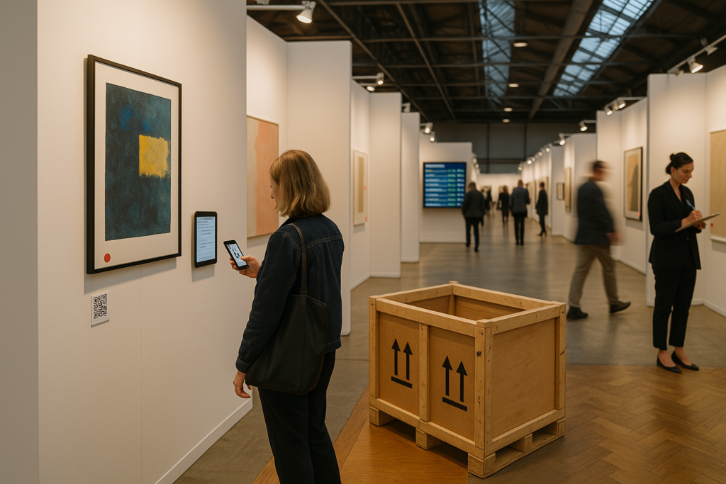 Zeitgenössische Kunstmesse: Besucherin scannt QR-Code an abstraktem Bild; Holz-Transportkiste vorn, Galeriemitarbeiterin notiert, Besucher im Gang.
