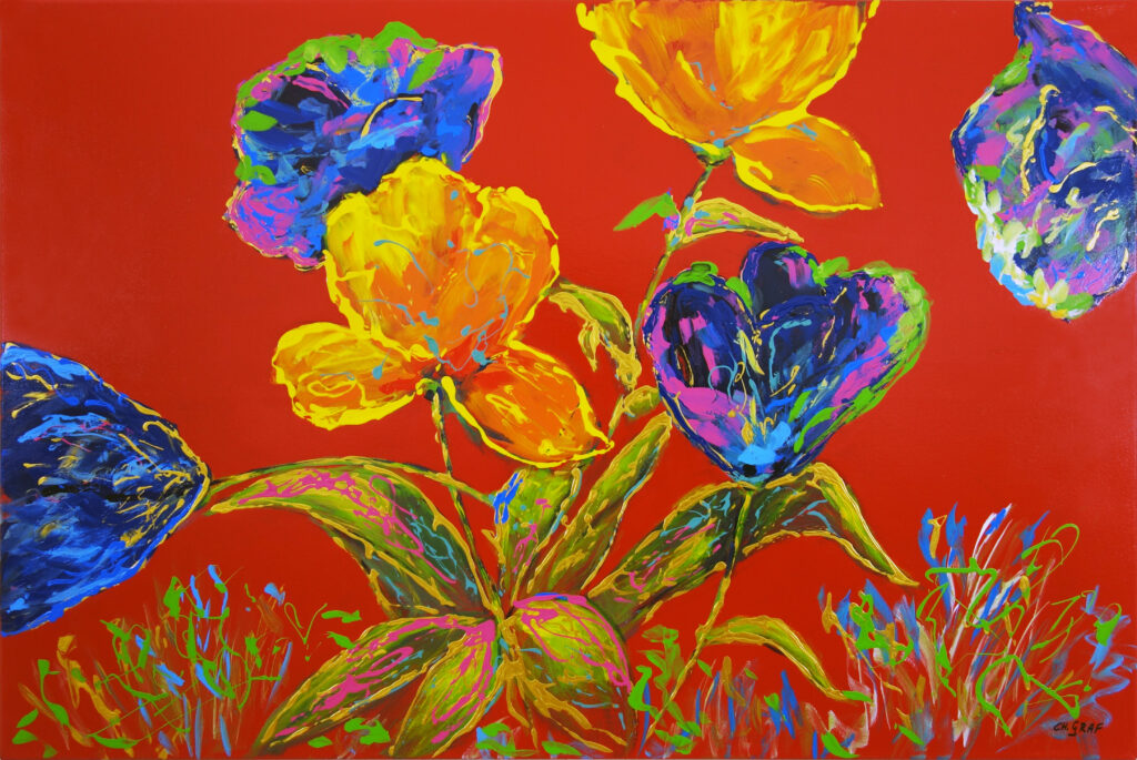Gemälde „Tulips“ von Christine Graf: leuchtend gelbe, blaue und violett-pinke Tulpen mit grün-bunten Blättern vor intensiv rotem Hintergrund, expressiv in Lacktechnik gemalt.