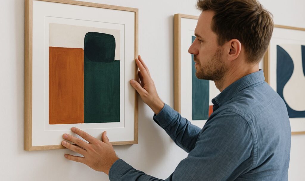 A man hangs an abstract painting with geometric fields of color in a modern office, carefully aligning the frame on the white wall while other artworks can be seen in the background.