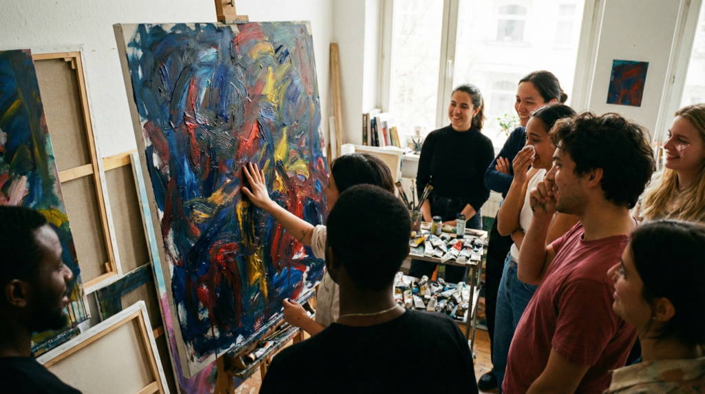 A diverse group of young adults in a light-filled studio, smiling and emotionally engaged as one person touches the textured surface of a large, expressive abstract painting.