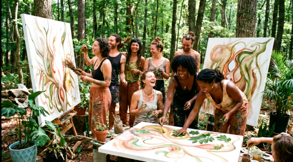 A diverse, cheerful group of people creating large abstract paintings together outdoors in a forest, using earthy colors and organic, flowing forms; one person presses leaves directly onto a canvas. The scene radiates creative community and a deep connection to nature.