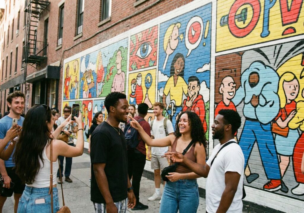 A lively group of diverse young adults laughing, talking and taking photos in front of a large, colorful mural on an urban brick wall. The mural is painted in a narrative pop style, with comic-like panels and highly stylized figurative characters in bright colors.