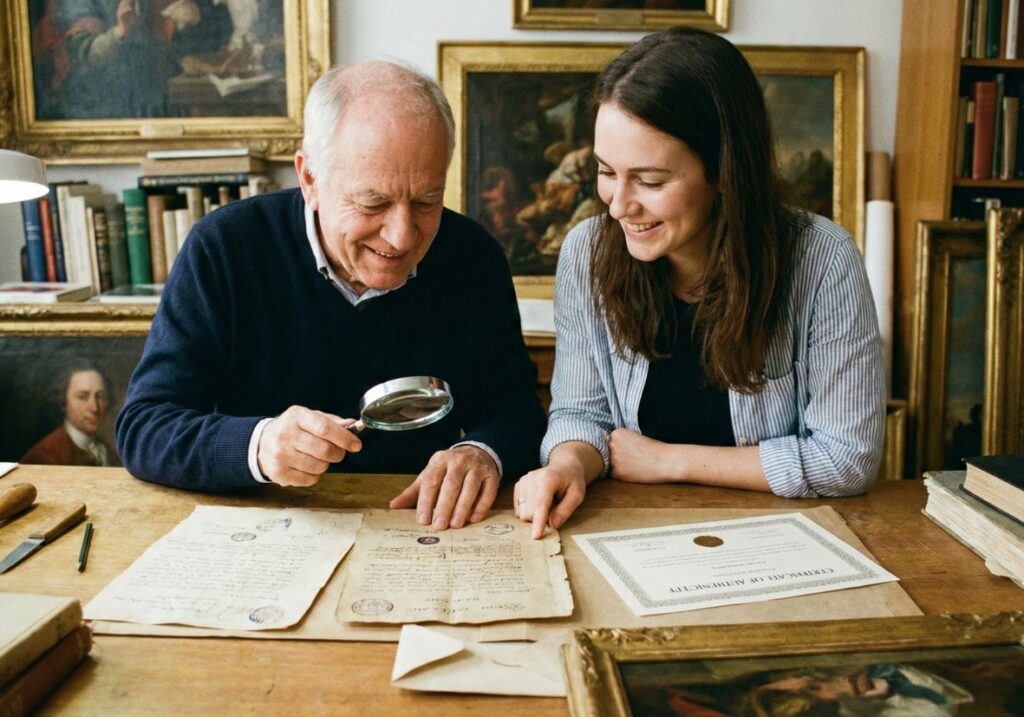Eine Galeristin überreicht einem Kunden nach dem Kunstkauf vertrauensvoll das Echtheitszertifikat und die Provenienz-Unterlagen in einer Mappe.