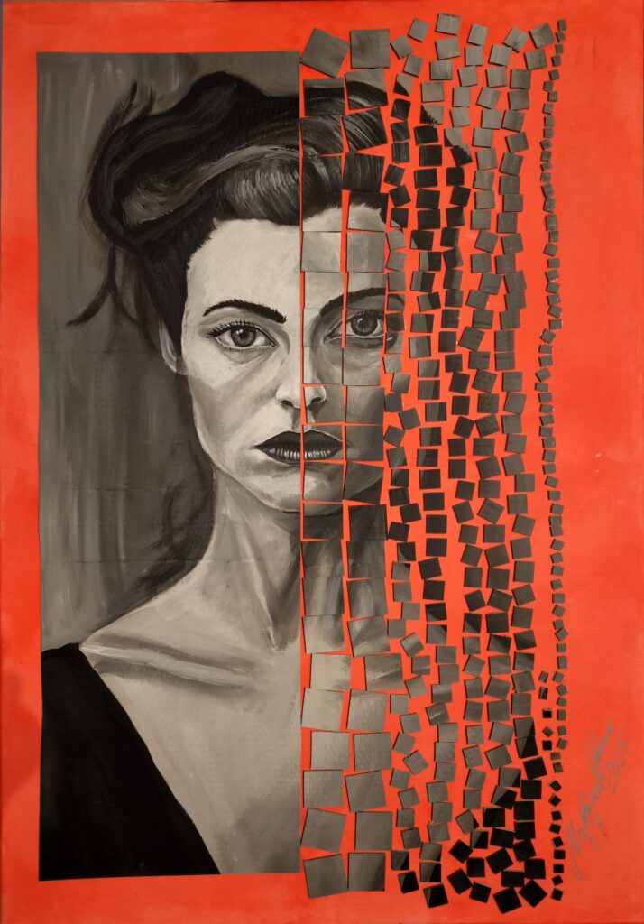 Acrylgemälde „Digital“ von Matthias Hübner: halb realistisches, schwarz-weißes Frauenporträt, dessen rechte Gesichtshälfte in viele graue Quadrate zerfällt, vor leuchtend rotem Hintergrund.
