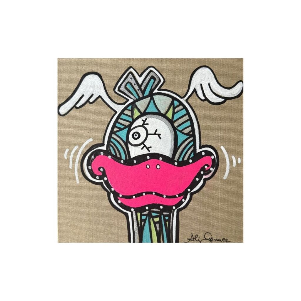 Pop Art work “Focky 21” by Ali Görmez: a duck figure with a neon-pink beak, a single eye, an Art Deco head in turquoise and gray and white wings on a natural-toned board, acrylic, 20 × 20 cm.
