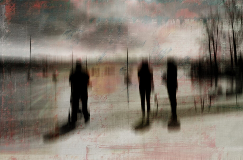 Atmosphärische, verwischte Szene am Zürichsee: drei dunkle Personen-Silhouetten auf hellem Ufer im Vordergrund, dahinter See und Horizont in Grau- und Grüntönen, überlagert von vertikalen Linien und rötlichen Texturspuren.
