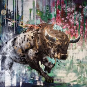„Stier Taurus“ von Rike Wölke, Acryl / Mixed Media auf Keilrahmen, Blattgold-Details, 180 × 200 cm, Rahmentiefe 4 cm – Originalgemälde bei Favori Art