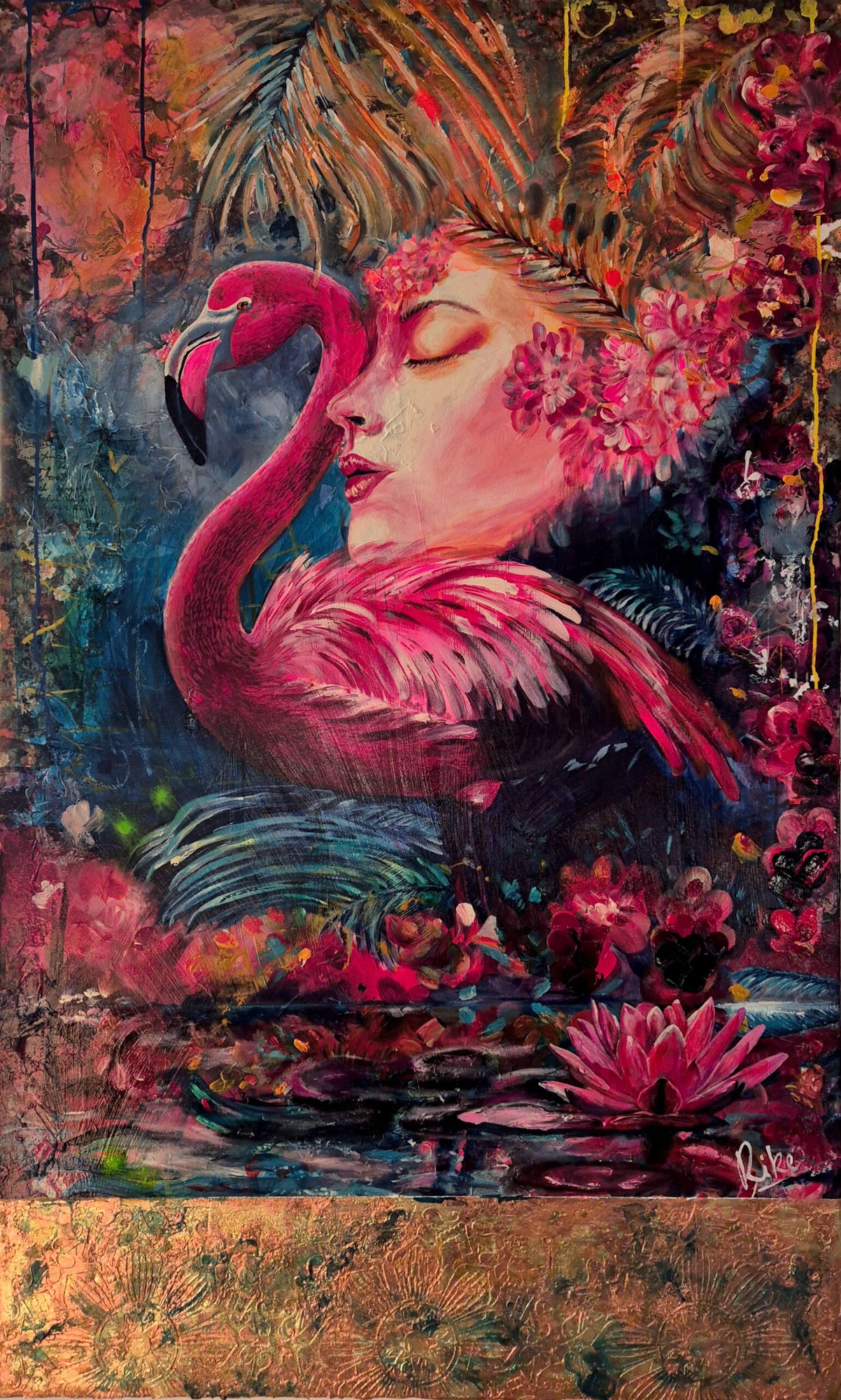 “Tief in sich ruhendes Vertrauen” by Rike Wölke, Original acrylic on high-quality stretched canvas with gold leaf and stucco relief, 90 × 150 cm, frame depth 4 cm – original painting at Favori Art