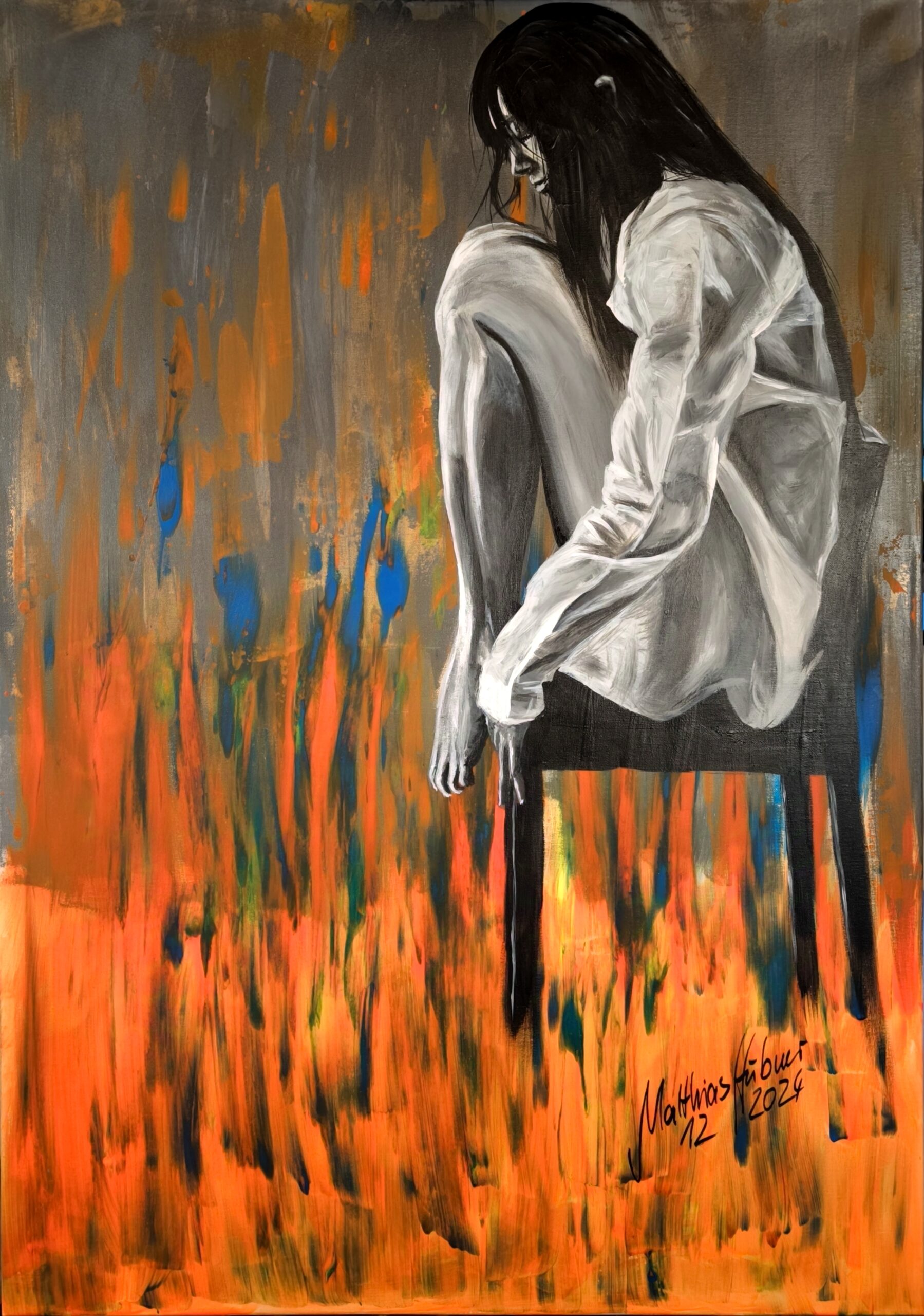 „December“ von Matthias Hübner, Acryl auf Leinwand, Neonfarben, UV-reaktiv, 100 × 70 x 1, 5 cm – Originalgemälde bei Favori Art