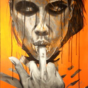 „F...U...“ von Matthias Hübner, Acryl auf Leinwand, Neonfarben, UV-reaktiv, 70 × 50 x 1, 5 cm – Originalgemälde bei Favori Art