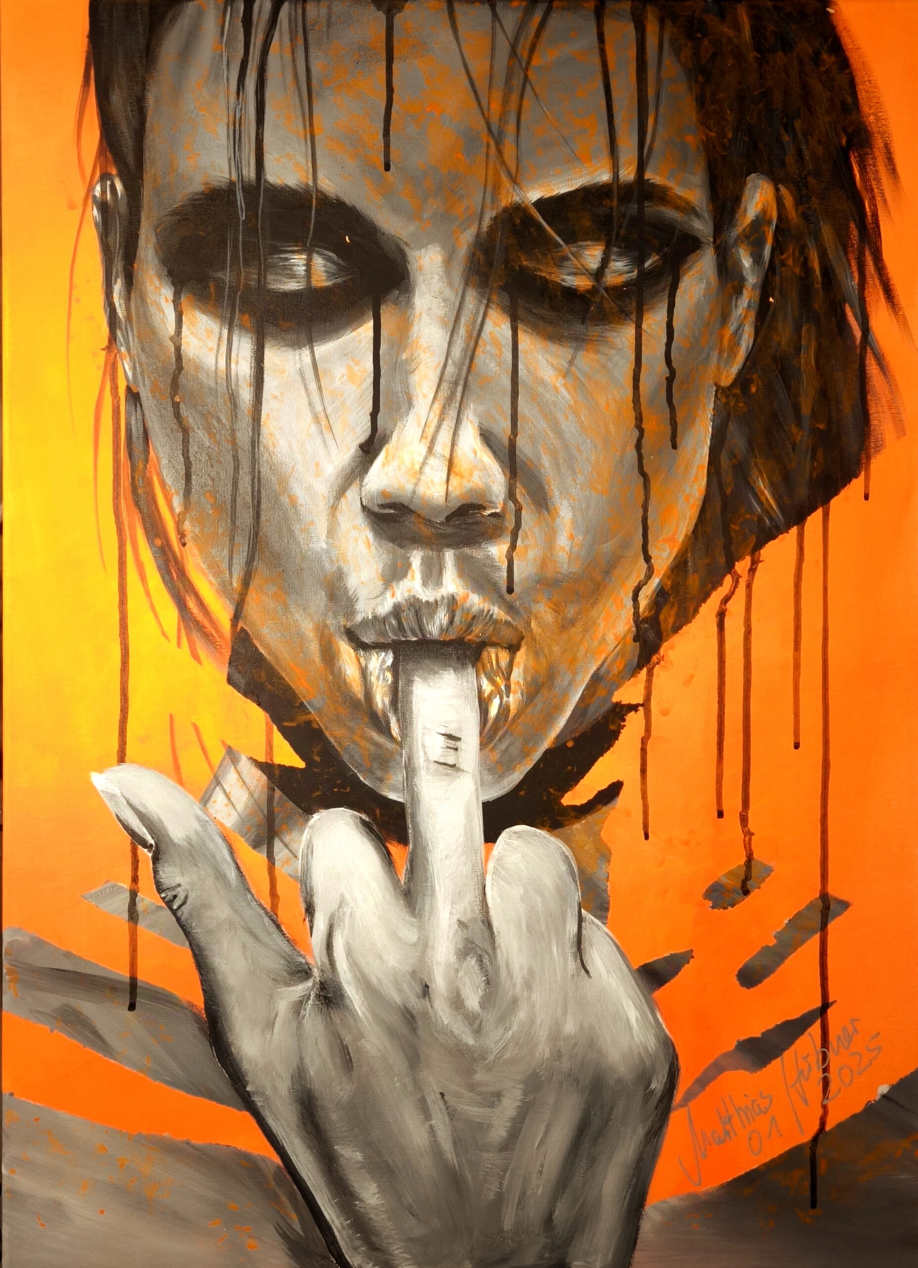 „F...U...“ von Matthias Hübner, Acryl auf Leinwand, Neonfarben, UV-reaktiv, 70 × 50 x 1, 5 cm – Originalgemälde bei Favori Art
