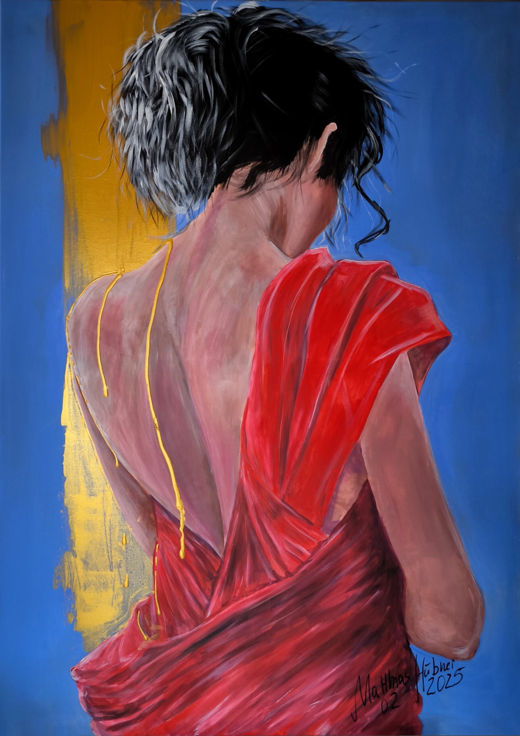 „Göttin“ von Matthias Hübner, Acryl auf Leinwand, Gold, 100 × 70 x 1, 5 cm – Originalgemälde bei Favori Art