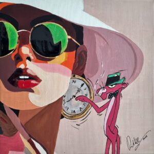 „Wer hat an der Uhr gedreht“ von Rike Wölke, Mixed Media – Acryl auf Keilrahmen, partielle Epoxid-Harz-Veredelung, 50 × 50 cm – Originalgemälde bei Favori Art