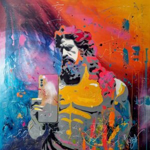 „Selfie“ von Rike Wölke, Acryl auf Keilrahmen · Großformat-Stencil-Art (2-teilige Schablone) · Figur gesprüht · Acrylfarben & Acryltinten, 130 × 130 cm, Rahmentiefe 4 cm – Originalgemälde bei Favori Art