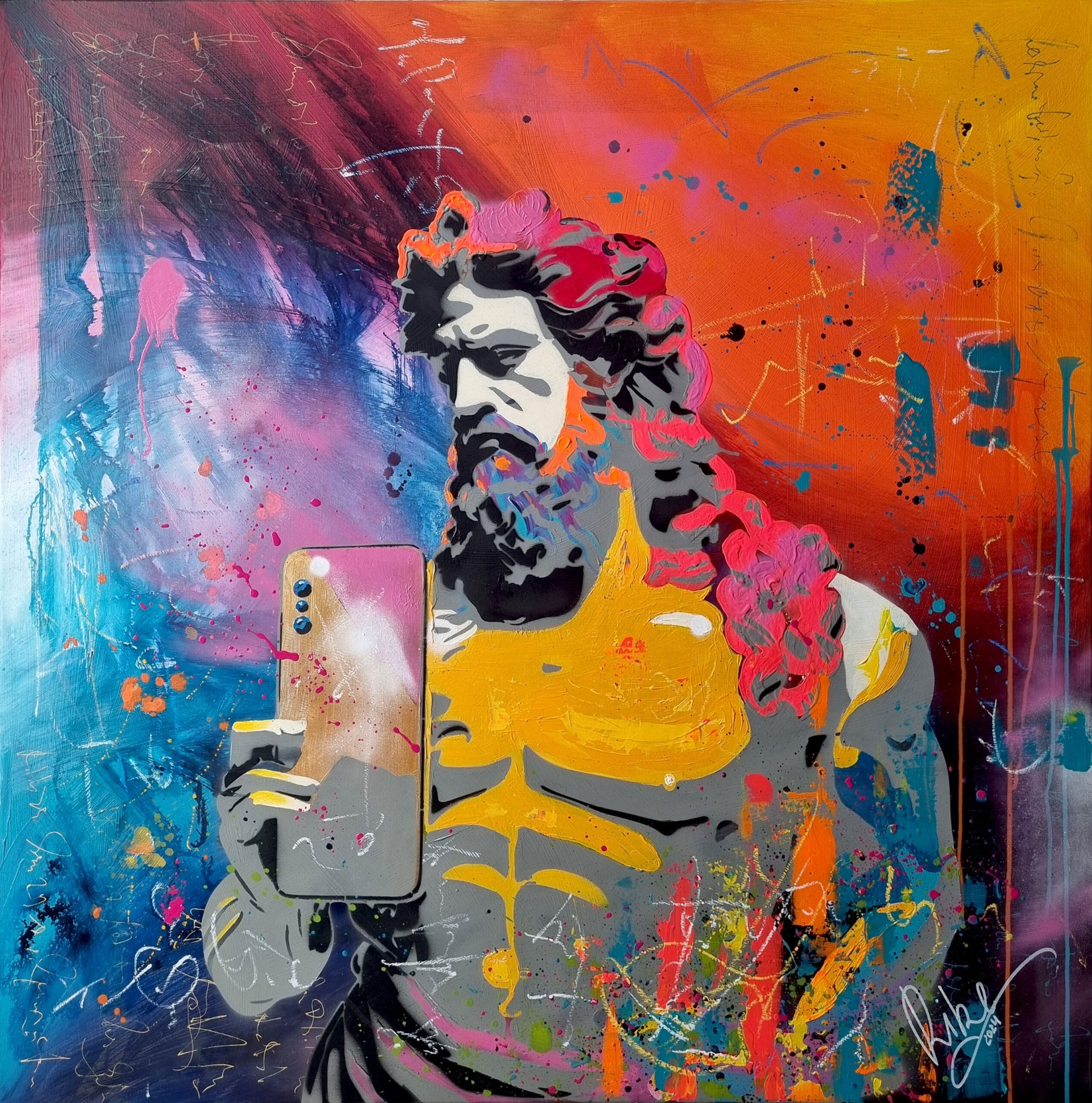 “Selfie” by Rike Wölke, Acrylic on stretcher frame · Large-format stencil art (two-part stencil) · Figure, spray-painted · Acrylic paints & acrylic inks, 130 × 130 cm, frame depth 4 cm – original painting at Favori Art