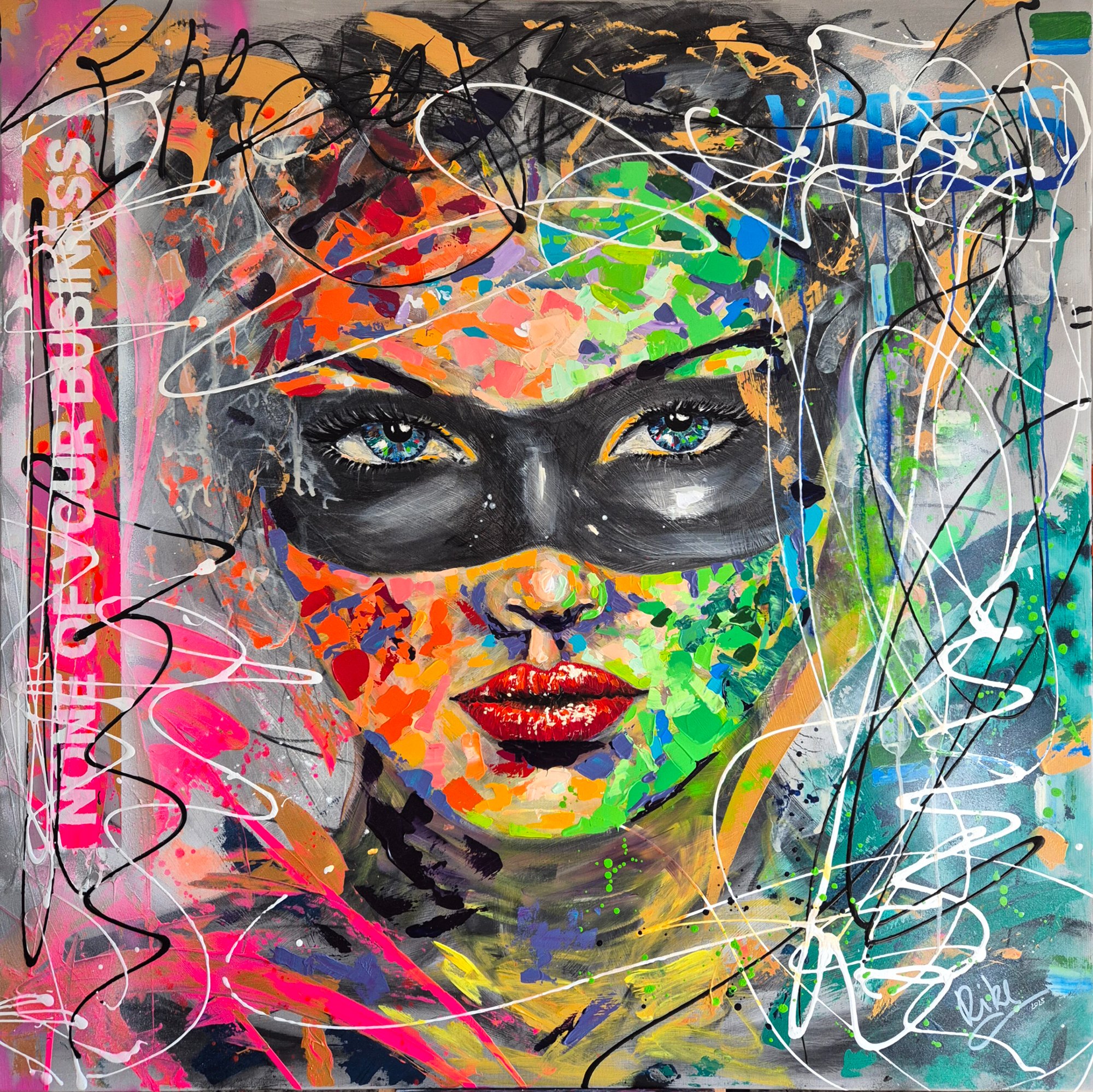 “Non of your Business” by Rike Wölke, Mixed media (charcoal drawing, spray paint, inks and acrylic on canvas), 130 × 130 cm, frame depth 4 cm – original painting at Favori Art
