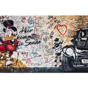 „Nur die Liebe zählt“ von Rike Wölke, Mixed Media auf Leinwand (Graffiti-/Comic-Elemente), 60 × 120 cm – Originalgemälde bei Favori Art