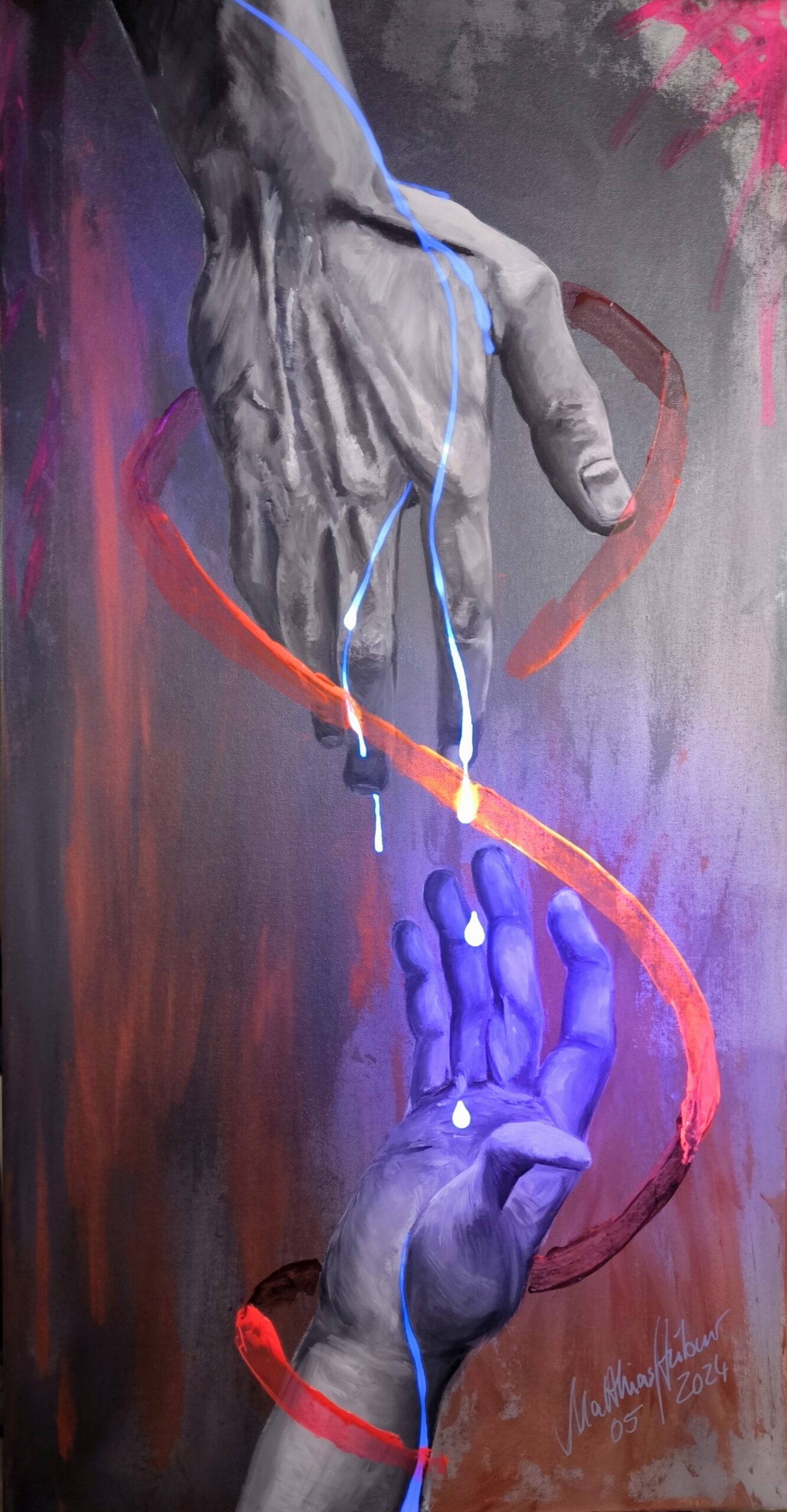 „D.V.“ von Matthias Hübner, Acryl auf Leinwand, Neonfarben, UV-reaktiv, 100 × 50 x 1, 5 cm – Originalgemälde bei Favori Art