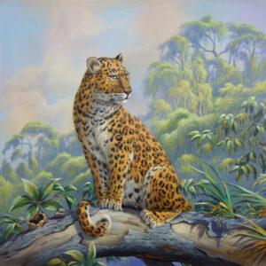 „Leopard Watching the Scene“ von Erich Graf, Öl auf Leinwand, 100 × 100 cm – Originalgemälde bei Favori Art