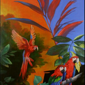 „Aras im Regenwald“ von Erich Graf, Öl auf Leinwand, 80 × 100 cm – Originalgemälde bei Favori Art