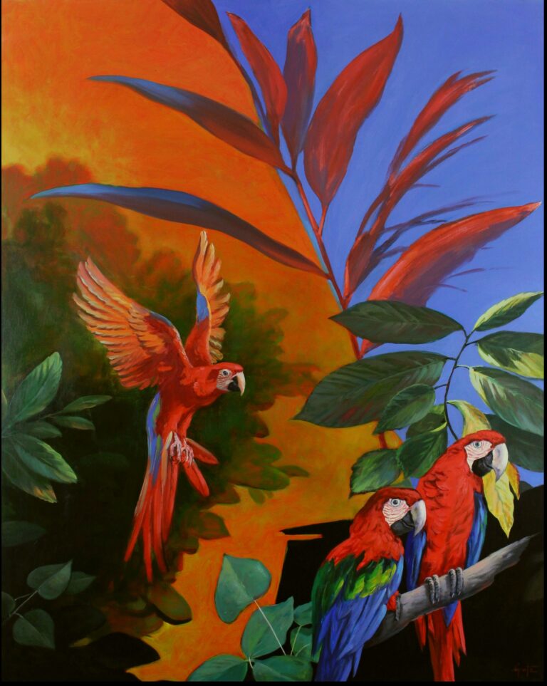 „Aras im Regenwald“ von Erich Graf, Öl auf Leinwand, 80 × 100 cm – Originalgemälde bei Favori Art