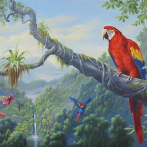 „Aras im Regenwald“ von Erich Graf, Öl auf Leinwand, 80 × 100 cm – Originalgemälde bei Favori Art