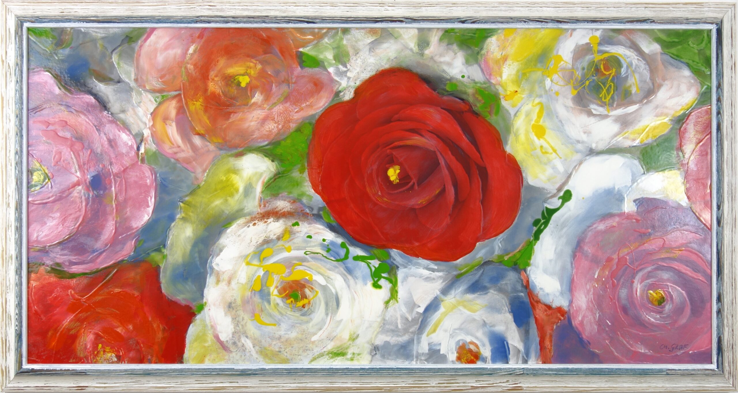 “Roses” by Christine Graf, Lacquer on canvas, Lacktechnik, um Retro-Rahmen, 50 × 100 cm – original painting at Favori Art