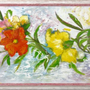 „Summerflowers“ von Christine Graf, Lack auf Leinwand, Lacktechnik, im Retro-Rahmen, 50 × 100 cm – Originalgemälde bei Favori Art