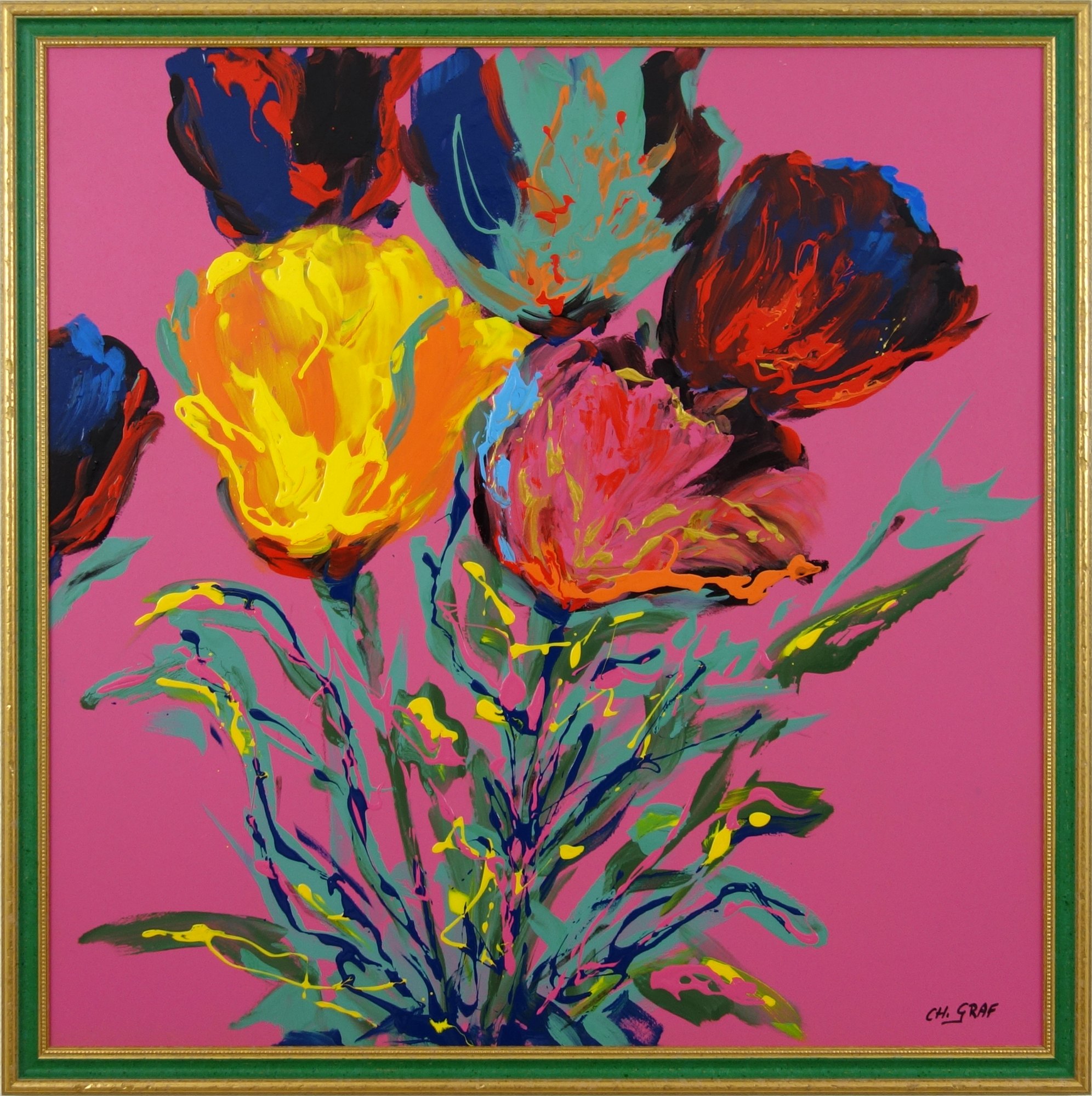 „Spring tulips“ von Christine Graf, Lack auf Leinwand, Lacktechnik, 60 × 60 cm – Originalgemälde bei Favori Art