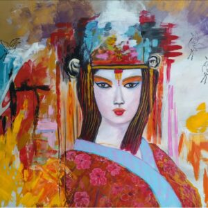 „Japanese Geisha with Cranes“ von Christine Graf, Acryl auf Leinwand, 80 × 100 cm – Originalgemälde bei Favori Art