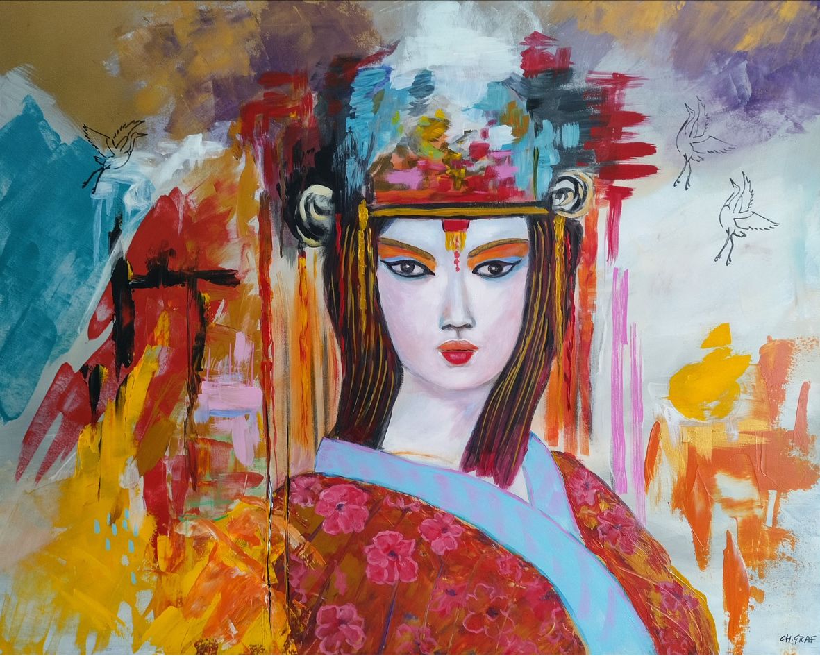 “Japanese Geisha with Cranes” by Christine Graf, Acrylic on canvas, 80 × 100 cm – original painting at Favori Art