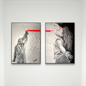 „Farbstrich - Serie (Anfang/Ende)“ von Matthias Hübner, Acryl auf Leinwand, Neonfarben, UV-reaktiv, je 70 × 50 cm – Originalgemälde bei Favori Art