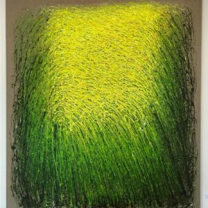 „Rapsfeld“ von Sadik Uslu, Acryl und Öl auf naturbelassener Leinwand, Materialeinschlüsse (Sand/Erde), 145 × 160 cm – Originalgemälde bei Favori Art