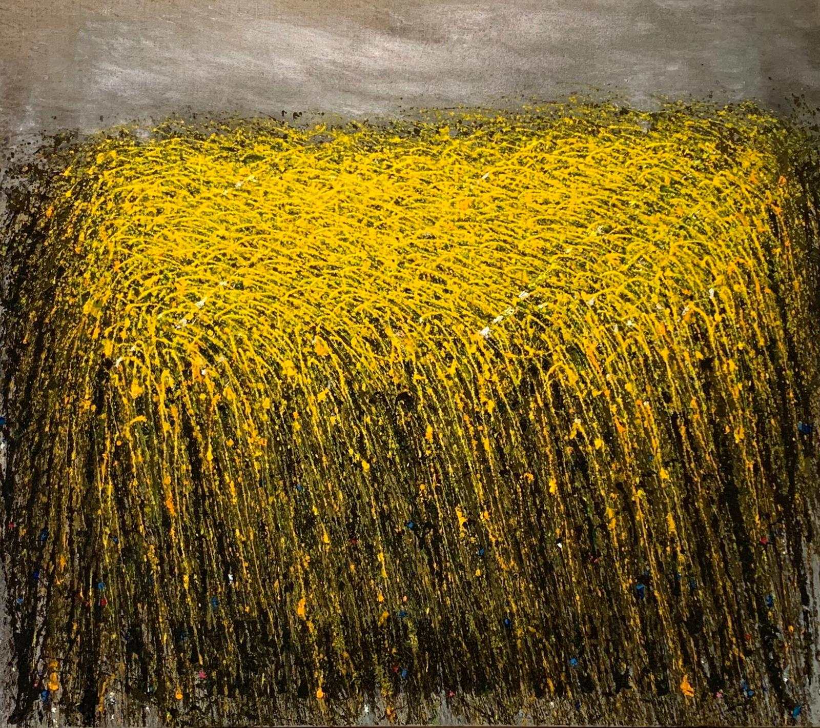 „Kornfeld“ von Sadik Uslu, Acryl und Öl auf naturbelassener Leinwand, Materialeinschlüsse (Sand/Erde), 130 × 115 cm – Originalgemälde bei Favori Art