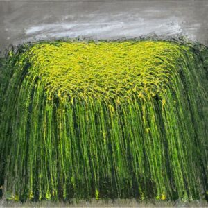 „Rapsfeld, 2025“ von Sadik Uslu, Öl auf Leinwand, Materialeinschlüsse (Sand/Erde), 130 x 110 cm – Originalgemälde bei Favori Art