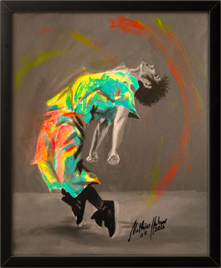 „Tanz“ von Matthias Hübner, Acryl auf Malkarton, gerahmt, UV-reaktiv, 52×42 cm – Originalgemälde bei Favori Art