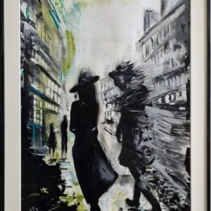 „Urbane Begegnung“ von Rike Wölke, Original im Passepartout und Rahmen, Maß: 71 x 51cm, 1cm Rahmentiefe – Originalgemälde bei Favori Art