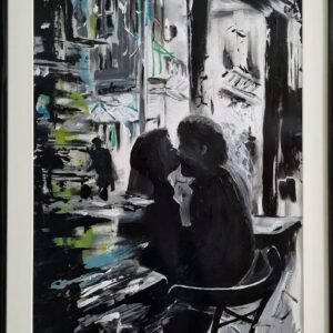 „Urbane Küsse“ von Rike Wölke, Original im Passepartout und Rahmen, Maß: 71 x 51cm, 1cm Rahmentiefe – Originalgemälde bei Favori Art