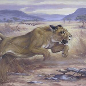 „Jagende Löwin“ von Erich Graf, Öl auf Leinwand, 70 × 120 cm – Originalgemälde bei Favori Art