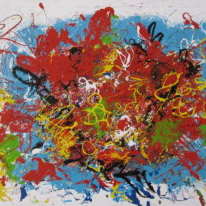 Abstraktes Gemälde mit explosiver, zentraler Farbverdichtung aus Rot, Gelb, Grün, Blau, Schwarz und Weiß – dynamische Drippings und Spritzer auf weißem Grund; Lack auf Leinwand, 80 × 120 cm, von Christine Graf.