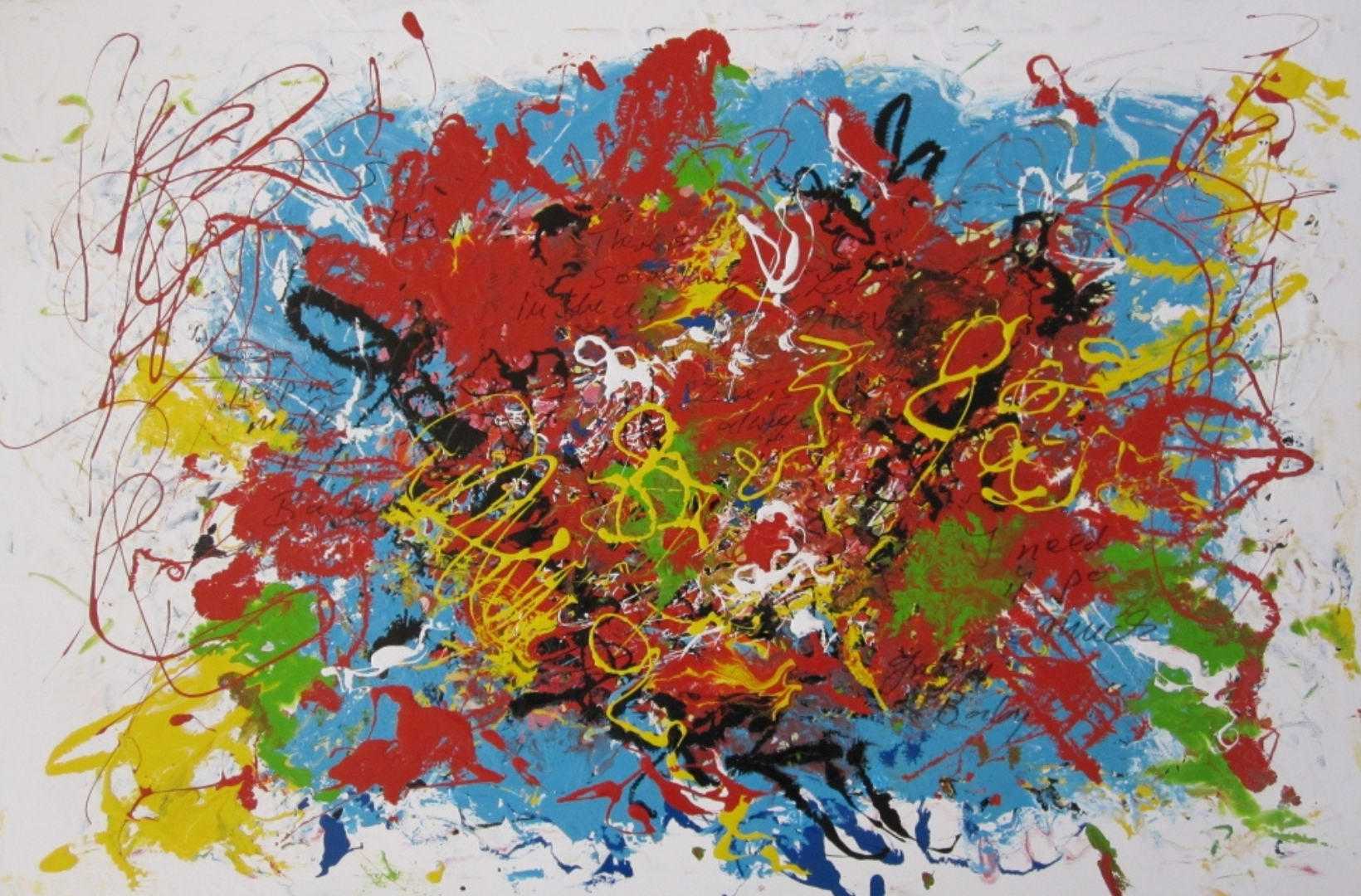 Abstraktes Gemälde mit explosiver, zentraler Farbverdichtung aus Rot, Gelb, Grün, Blau, Schwarz und Weiß – dynamische Drippings und Spritzer auf weißem Grund; Lacquer on canvas, 80 × 120 cm, von Christine Graf.