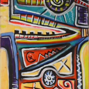 Crazy Red Bull von Sven Liesy, Acrylgemälde auf Leinwand, 40 × 80 cm, 2025: Zeitgenössische abstrakte Kunst in kräftigen Rot-, Orange- und Gelbtönen mit maskenhaftem Bullenmotiv, geometrischen Formen und dynamischer Urban-Art-Ästhetik – einzigartiges Unikat für Sammler:innen.