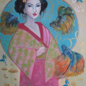„Geisha with ornamental fish“ von Christine Graf, Acryl, 80 × 120 cm – Originalgemälde bei Favori Art