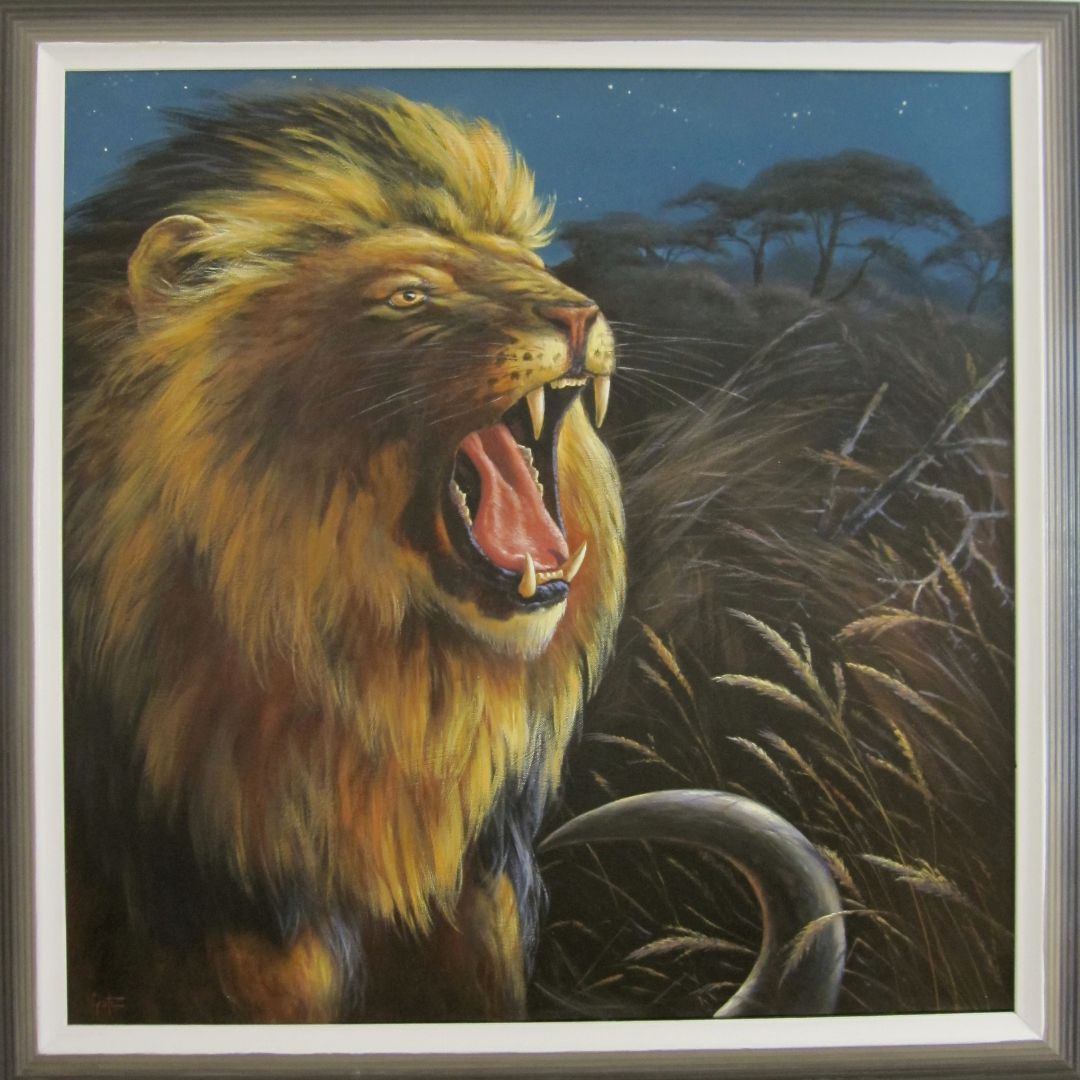 I am the Chief“ von Erich Graf: brüllender Löwe im Halbprofil vor sternklarer Nacht, Savannengras im Wind, Oil on canvas, 80×80 cm.